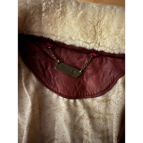 Milla Burgundy Red Leather Moto Jacket Shearling Removable Collar Aviator M - Picture 2 of 5